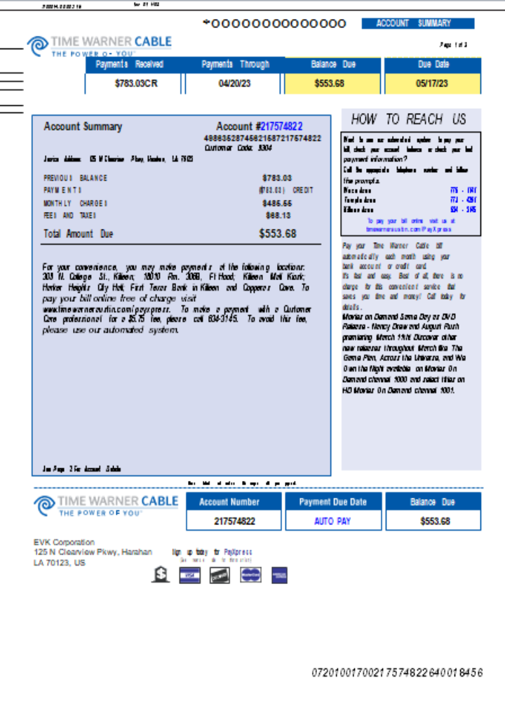 Download Time Warner Cabel utility business bill,  page 1, SCR Photoshop template